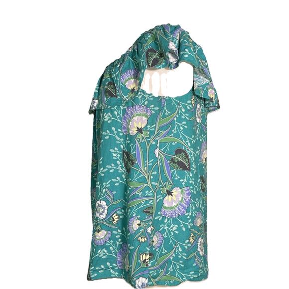 Loft Women's Top Size S Teal Floral Print Ruffles Linen Blend - Picture 2 of 4